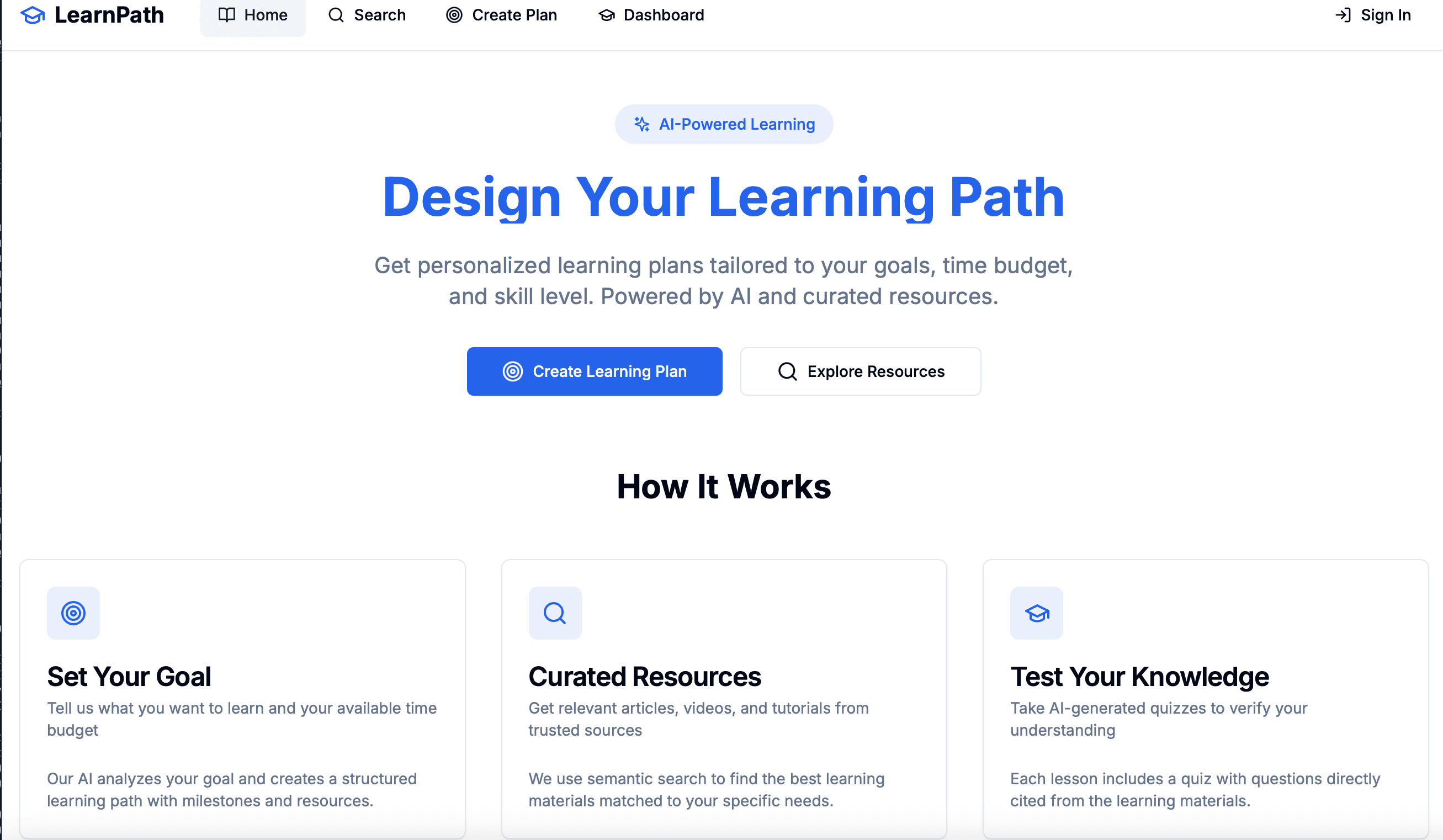 LearnPath home page showing the entry point for the agentic planner.