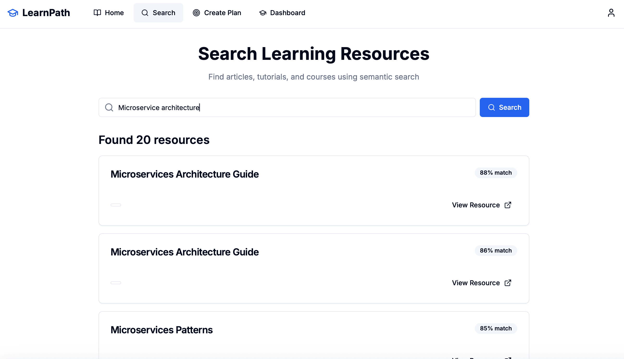 Search page showing results for “Microservice architecture” with relevance scores.
