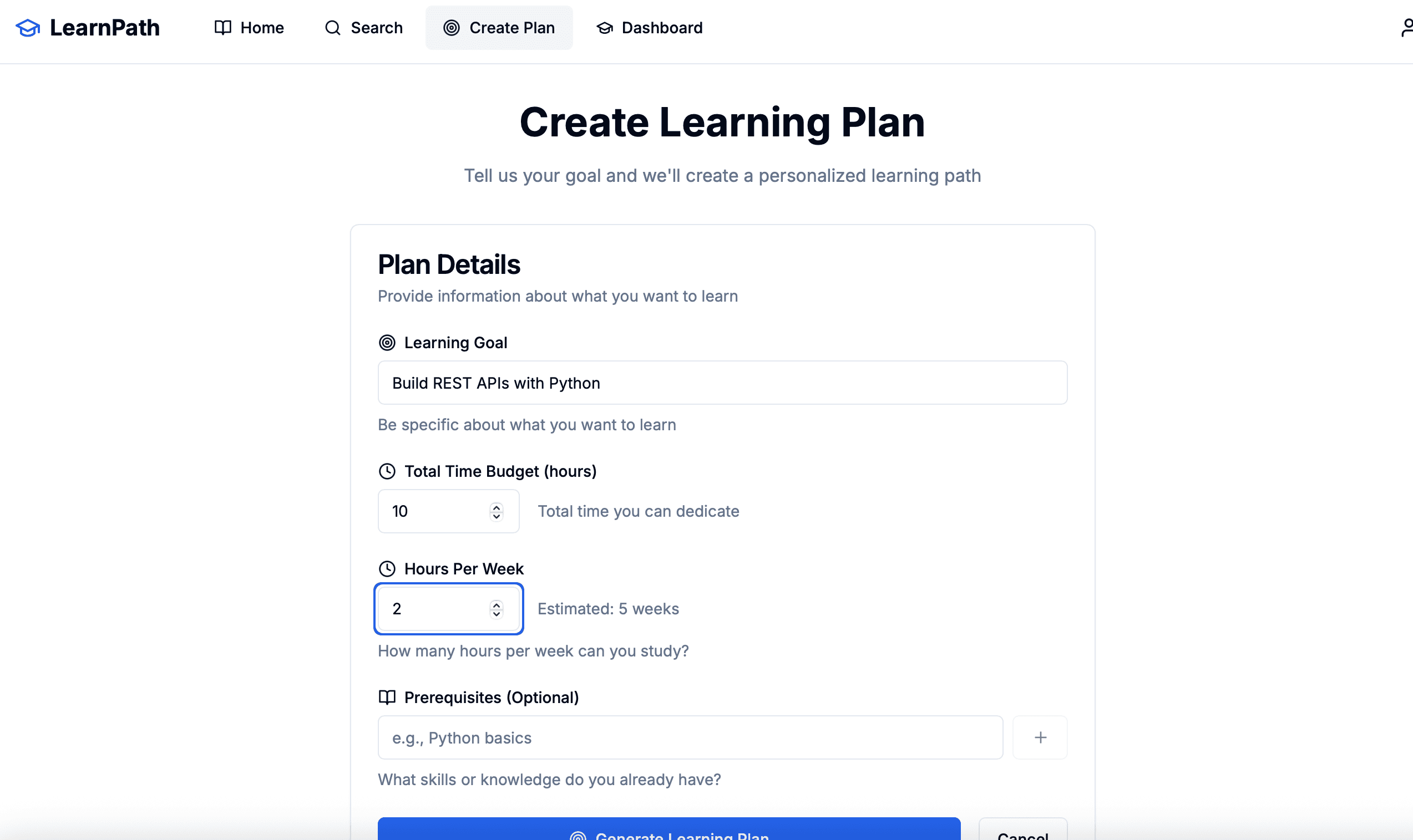Form for creating a learning plan.