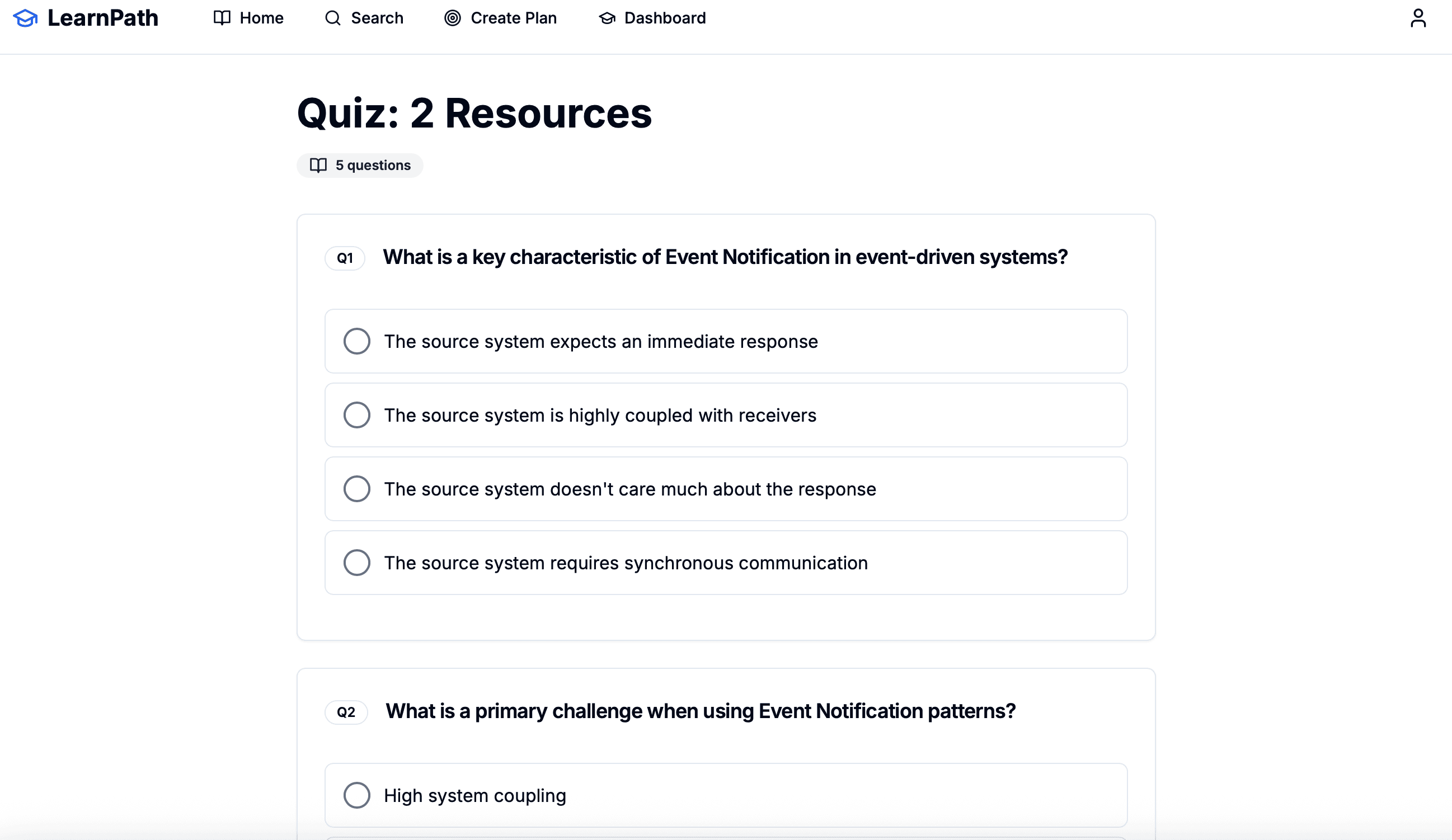 Quiz page with multiple-choice questions.